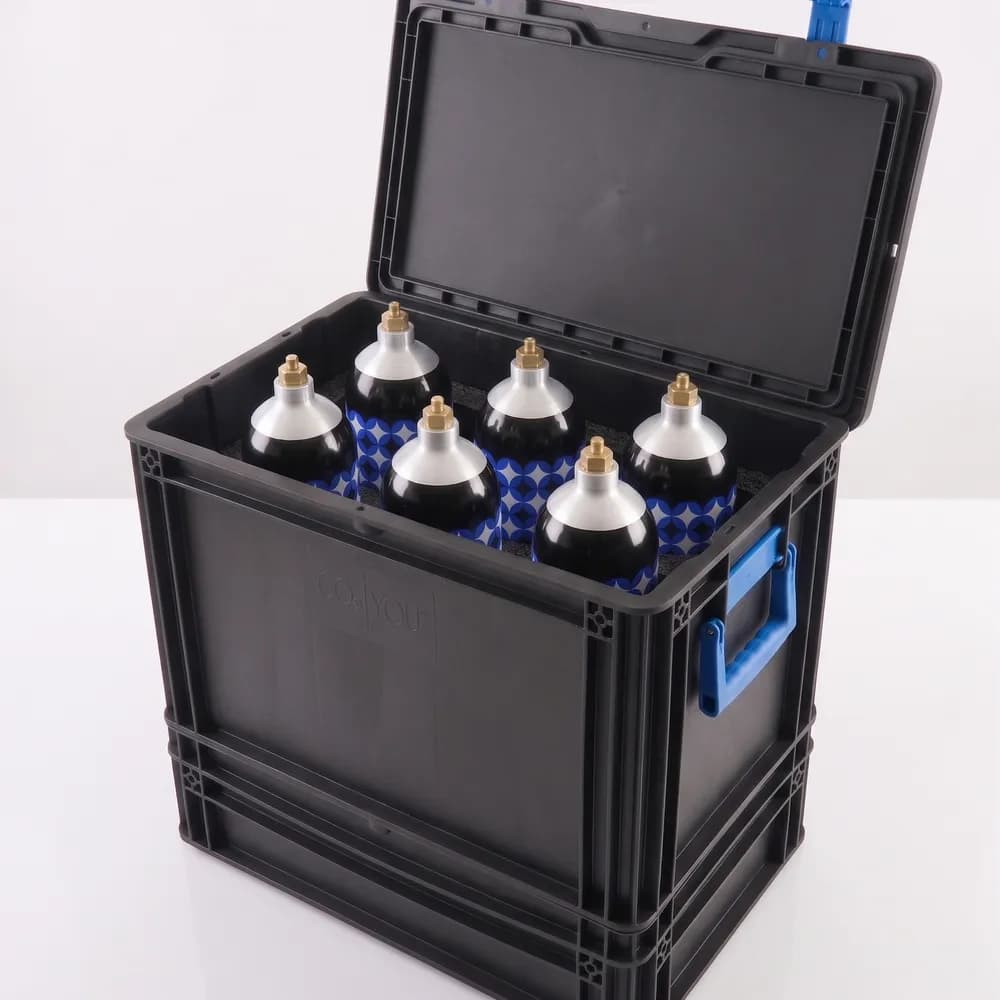 Six 1.65kg cylinders standing in a CO2 YOU hard case